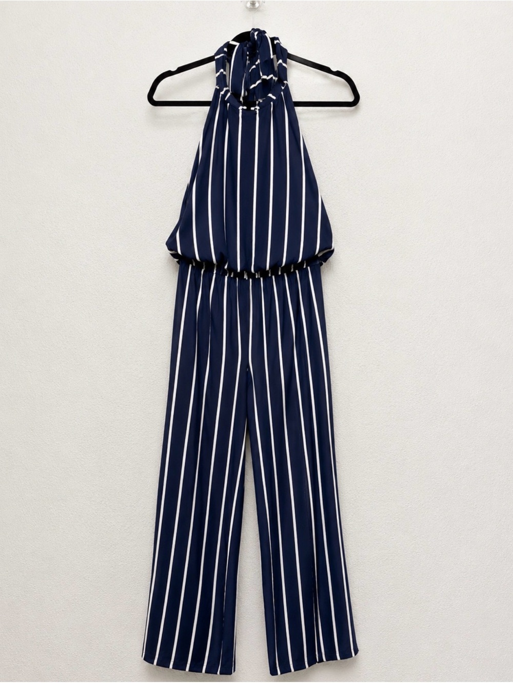 Navy and White Vertical Stripe Halter Jumpsuit